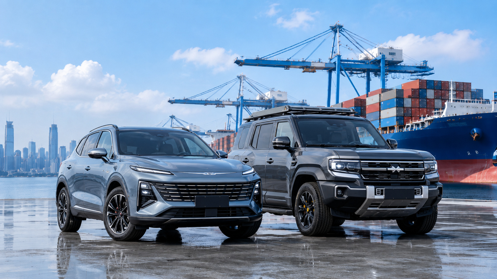 Passenger vehicles positioned at a Chinese shipping port for vehicle export
